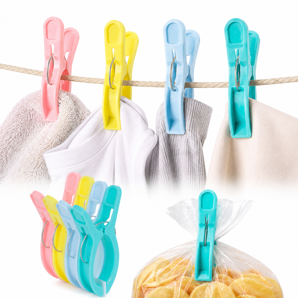 Colorful clothespins on a line with hanging laundry in the background