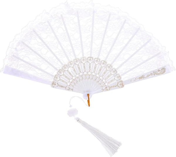 White lace Chinese folding hand fan by 7AGAT, vintage style, decorative for parties, weddings, and dancing events.