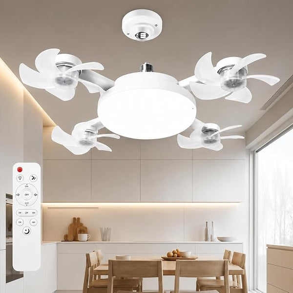 7AGAT white ceiling fan with LED light, flower-style blades, remote control, E27 socket, 3-color dimmable, low noise