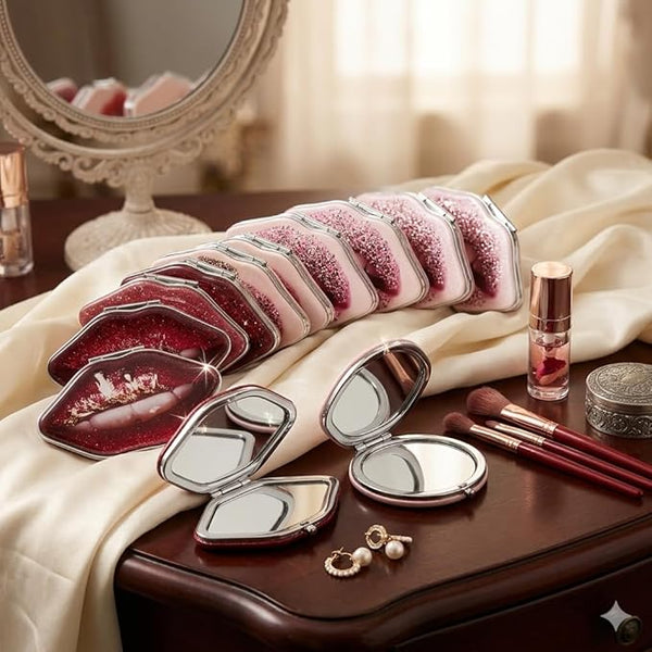 7AGAT compact makeup mirror with regular and magnifying glass, metal and glass construction, folding design, stylish lip artwork.