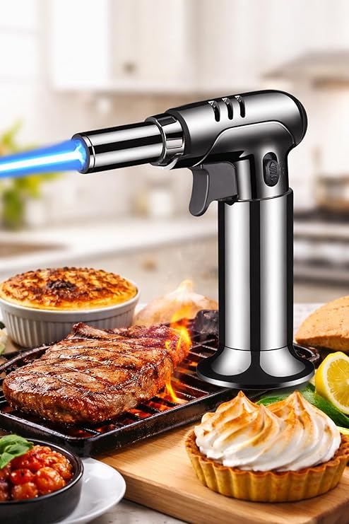 7AGAT professional kitchen butane torch lighter with adjustable flame and safety lock, ideal for culinary and baking use.