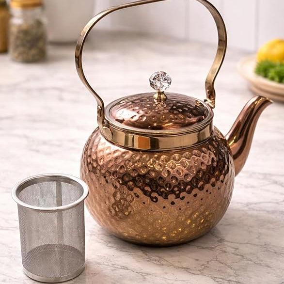Hammered copper stainless steel tea kettle with removable infuser, 1.6L, stovetop safe, perfect for brewing tea or coffee for 5-6 cups.