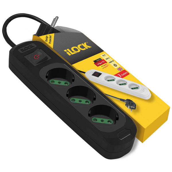 Black 7AGAT 3-Way Schuko power extension strip with double pole safety switch and overload protection, 1.5 meters long.