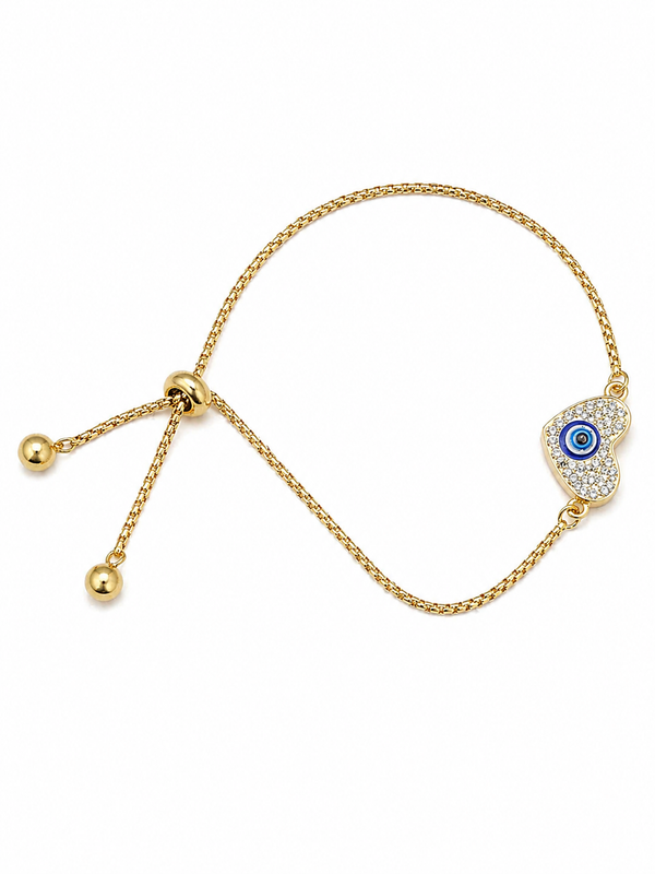 Gold-tone stainless steel evil eye heart charm bracelet with adjustable slider, tarnish-resistant jewelry for everyday wear.