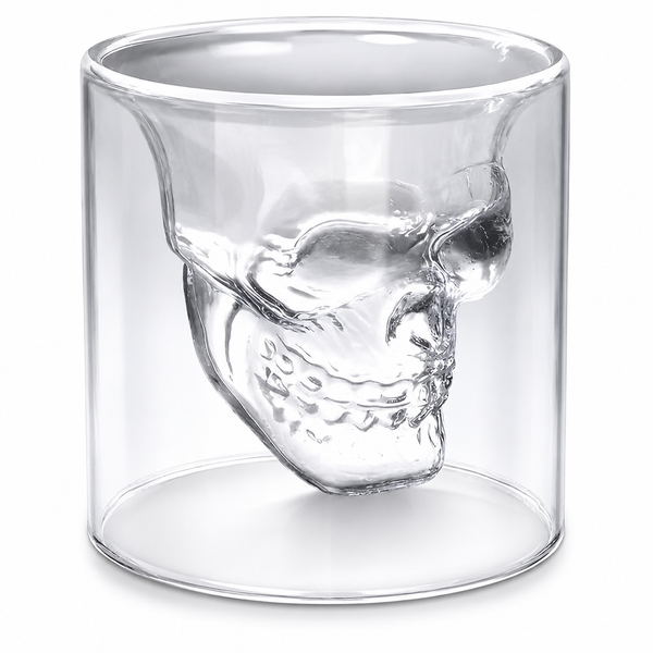 Double wall skull-shaped glass cup by 7AGAT, heat-resistant borosilicate for hot or cold espresso, coffee, or tea drinks.