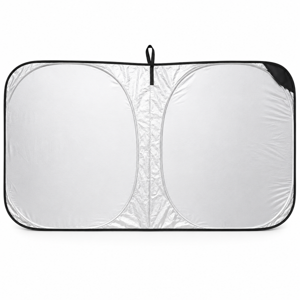 Foldable silver polyester car sun shade by 7AGAT, providing UV and heat protection with a universal fit for vehicles.