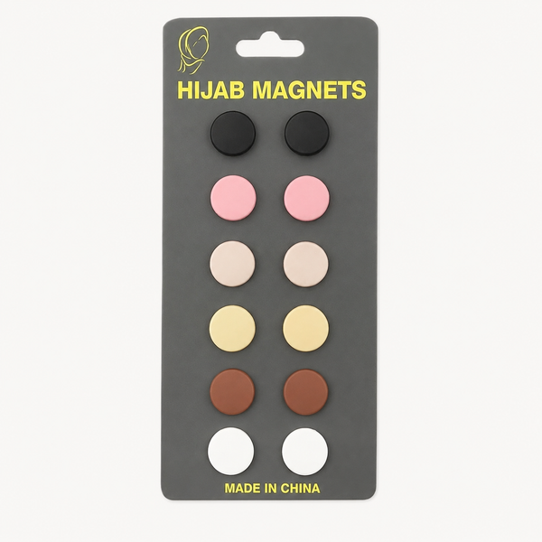 Set of 12 7AGAT magnetic hijab pins with no-snag safety design and strong hold for scarves, shown holding a hijab securely.