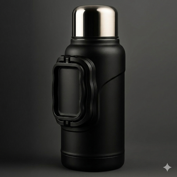 7AGAT vacuum insulated stainless steel water bottle, 1200ml, matte black with handle, keeps drinks hot 12h and cold 24h.