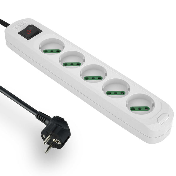 7AGAT 5-Way Schuko power extension strip in white with childproof sockets, safety ON/OFF switch, 3-meter cord, 16A, 3500W