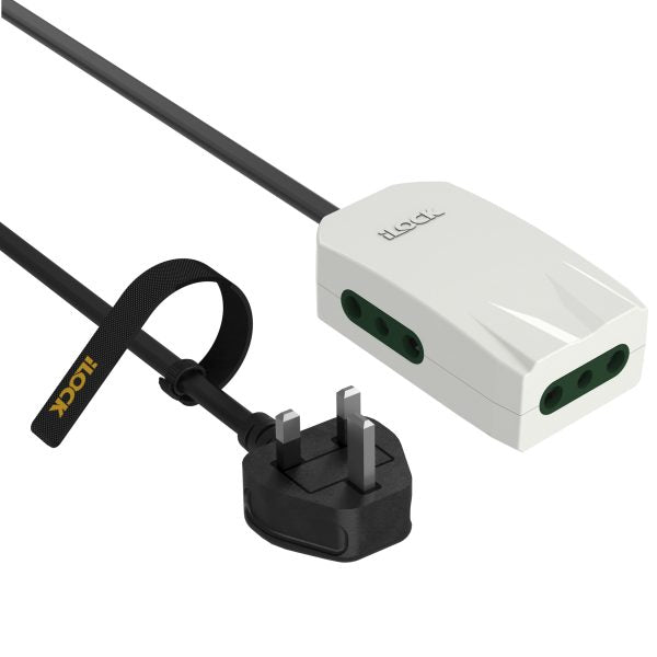 7AGAT iLOCK Mini 3-Way Power Extension with Type G plug, flat cable, child safety shutters, soft night light, fire-resistant housing