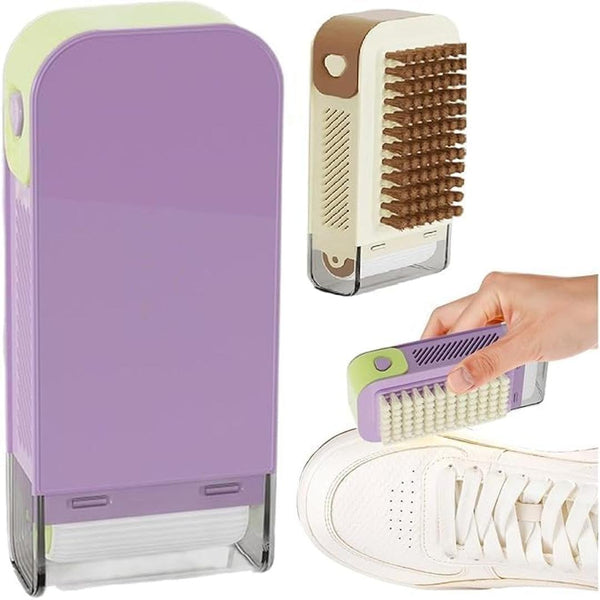 7AGAT 2-in-1 soap dispensing scrub brush with storage, handheld cleaning sponge for shoes, clothes, kitchen, and bathroom.