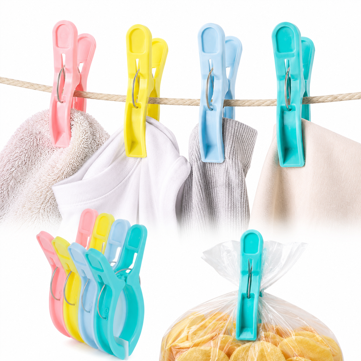 Set of 7AGAT extra large pink, yellow, blue, and teal plastic beach towel clips for sunbeds, laundry, and heavy towels.