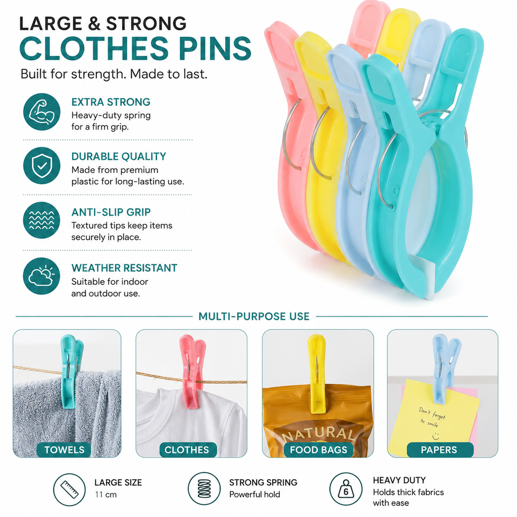 Colorful clothespins with features listed on a white background