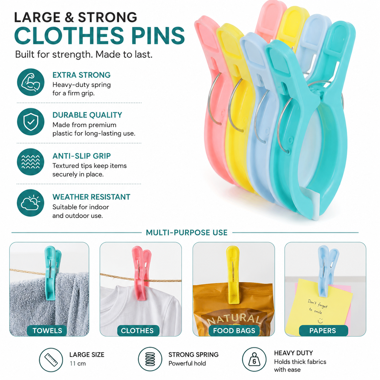Colorful clothespins with features listed on a white background