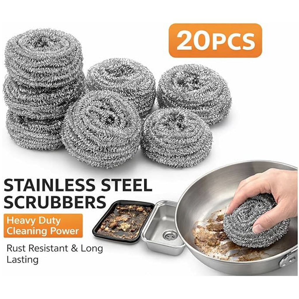 Silver stainless steel scrubbers by 7AGAT, heavy-duty scouring pads for pots, pans, and BBQ grills, rust-resistant, 20-piece set.