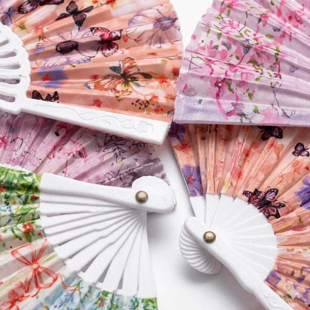 Close-up of 7AGAT folding hand fan showing fabric texture and white plastic ribs, featuring floral and flamingo designs.
