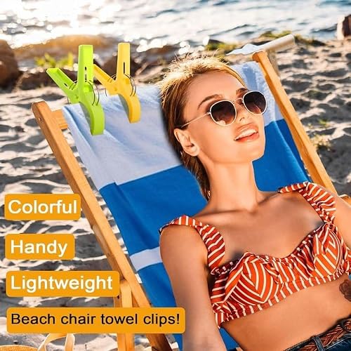 Woman relaxing on a beach chair with 7AGAT XXL beach towel clips holding a yellow and green towel.