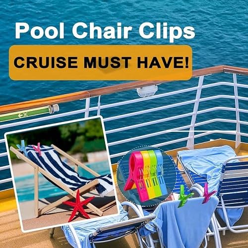 7AGAT XXL beach towel clips holding blue towels on poolside chairs under a bright sky. Jumbo plastic clothespins for towels and laundry.
