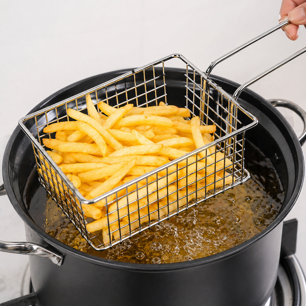 Stainless steel wire mesh serving basket with handle, ideal for French fries, snacks, and appetizers in cafes and restaurants.