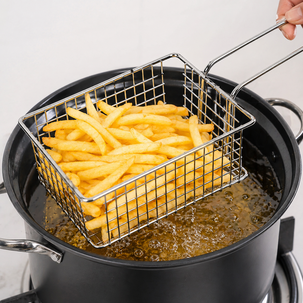 Stainless steel wire mesh serving basket with handle, ideal for French fries, snacks, and appetizers in cafes and restaurants.