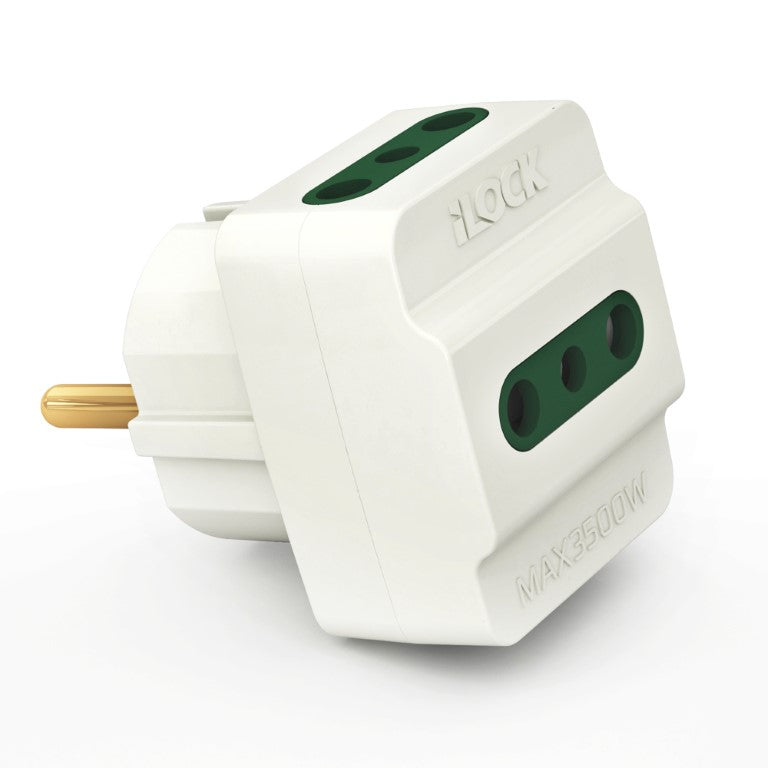 7AGAT iLOCK 3-way plug adapter with three outlets, copper contacts, compact design, suitable for home and office use.