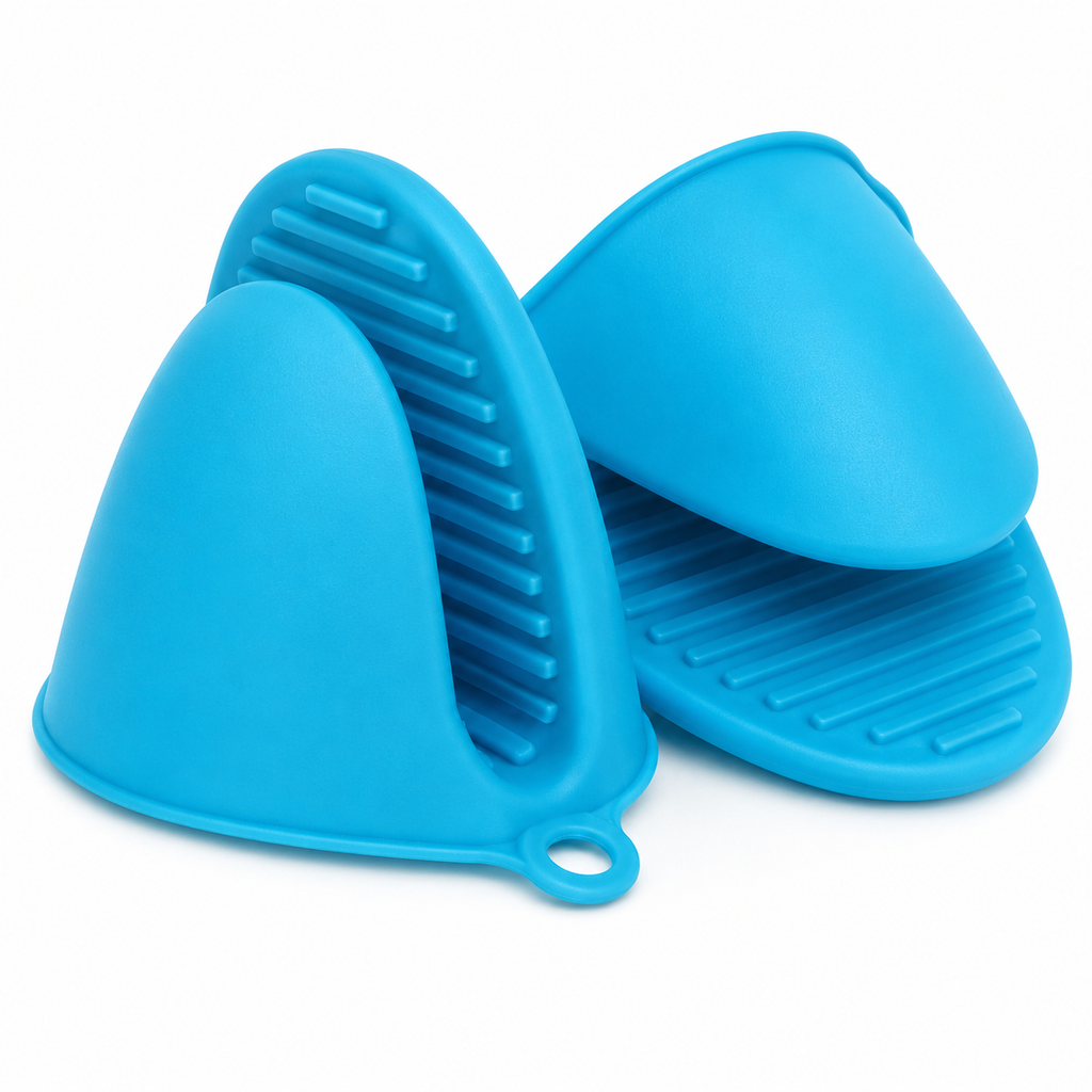 Set of two multicolor silicone pinch mitts for heat-resistant, non-slip kitchen gloves and flexible pot holders for cooking and baking.