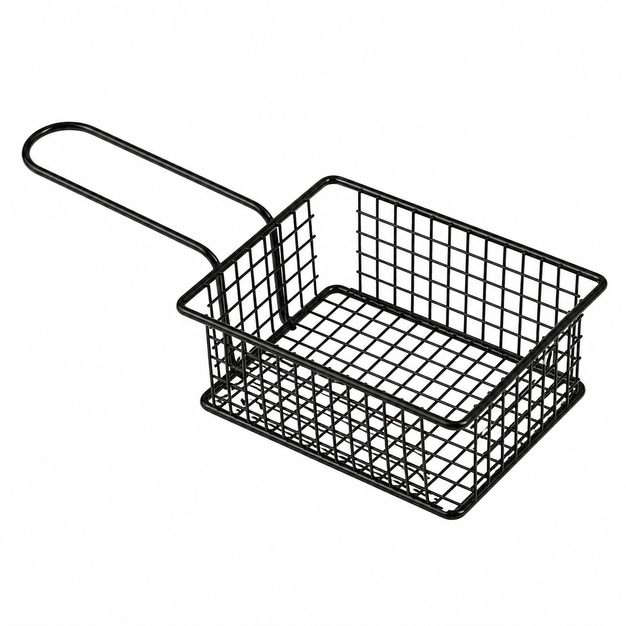 Stainless steel wire mesh serving basket with handle for French fries, snacks, and appetizers, ideal for home, cafe, or restaurant use.