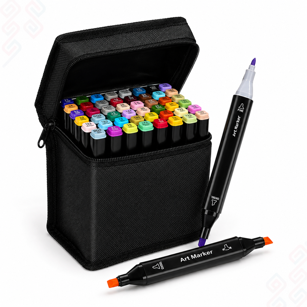 A set of 60 art markers with a black zippered carrying case, shown on a white background with two markers displayed in front of the case.