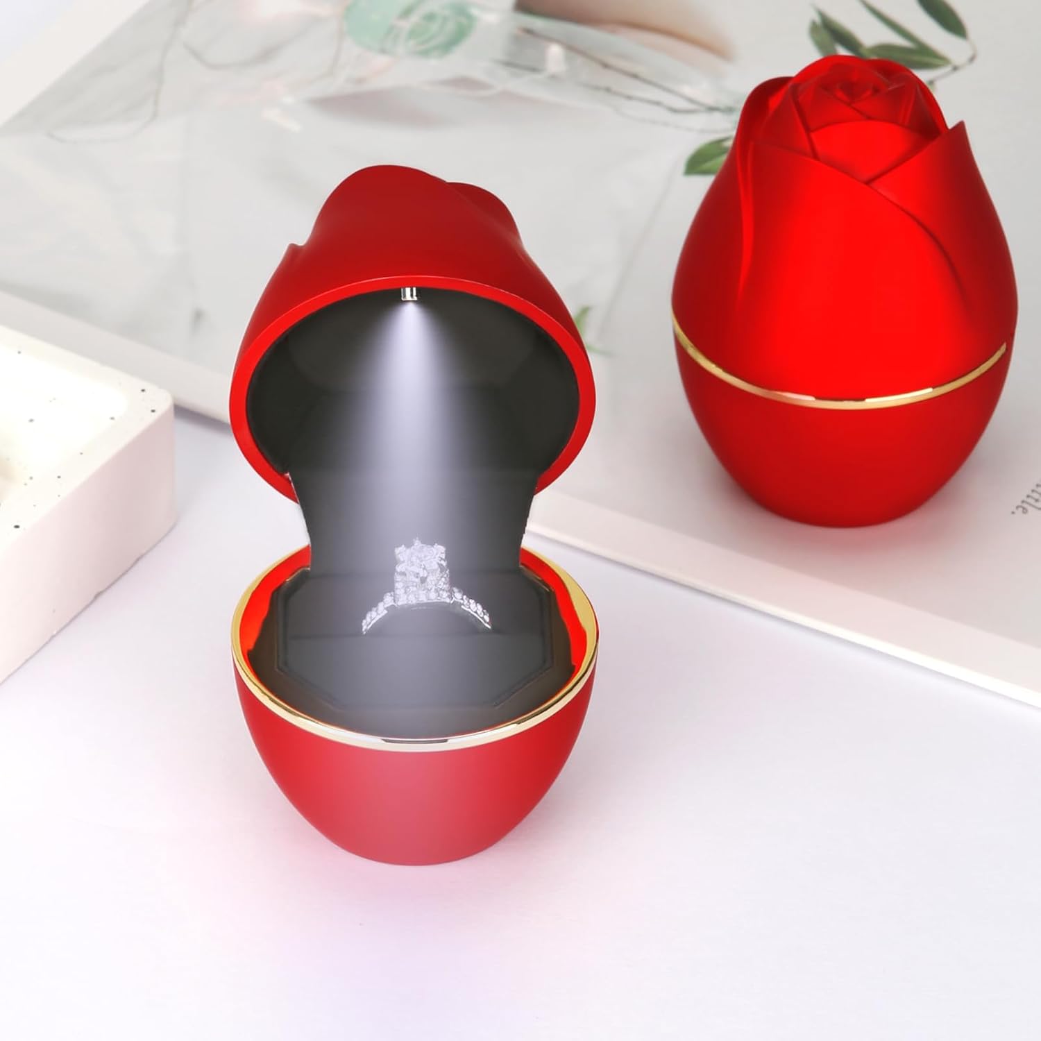 Elegant velvet jewelry box by 7AGAT in flower shape with gold-tone accents, perfect for storing or gifting jewelry.