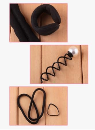 Black 7AGAT hair styling tool set with bun maker, hair ties, and accessories for DIY hairstyling on all hair types.