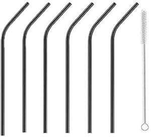 Set of 6 black stainless steel drinking straws with bent design and cleaning brush from 7AGAT Shopping