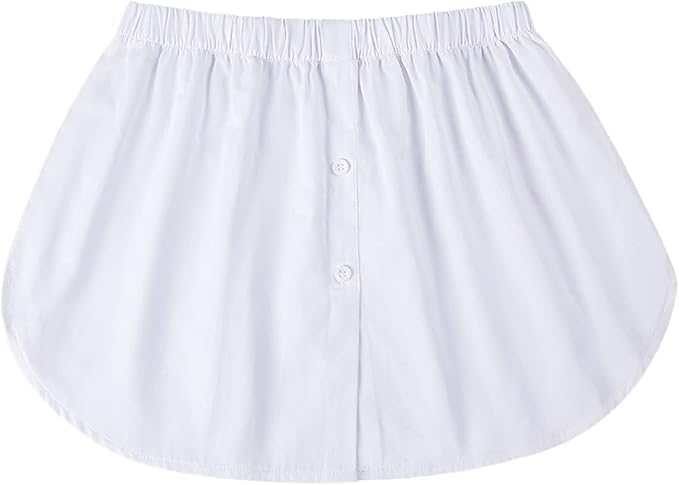 Adjustable women’s layered shirt extender with elastic waistband and polyester cotton blend fabric, styled as a half-length skirt.