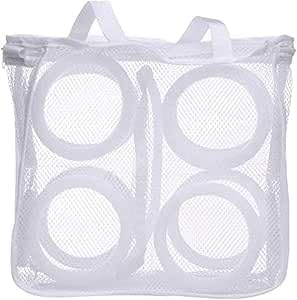 White mesh laundry bag for shoes by 7AGAT, with zipper closure and straps, protects shoes and washing machine during laundry.