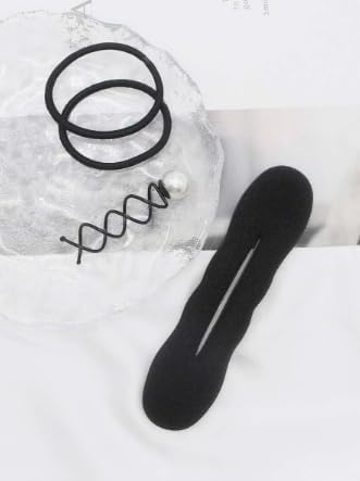 Black hair styling tool set with bun maker, hair ties, and accessories from 7AGAT for DIY hairstyling on all hair types.