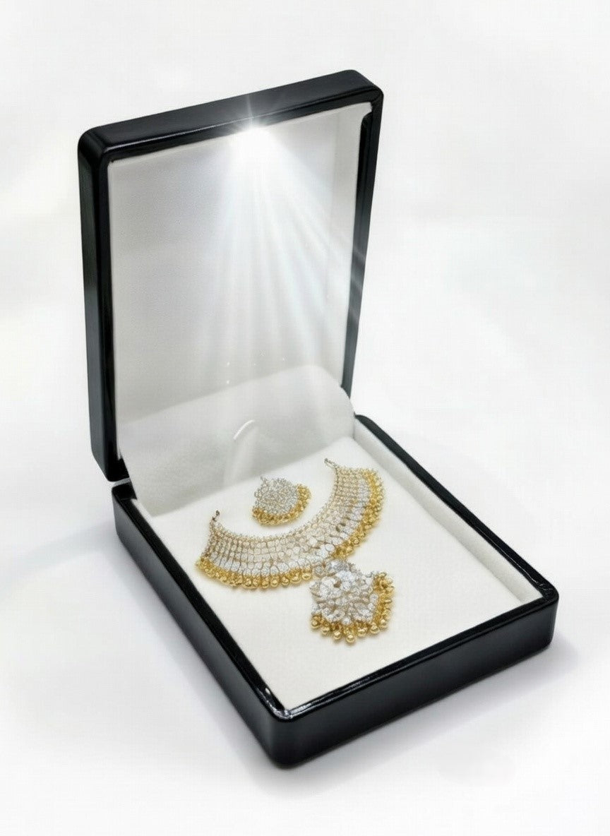 Luxury octagonal LED jewelry box by 7AGAT, showcasing compartments for necklaces, earrings, and special occasion storage.