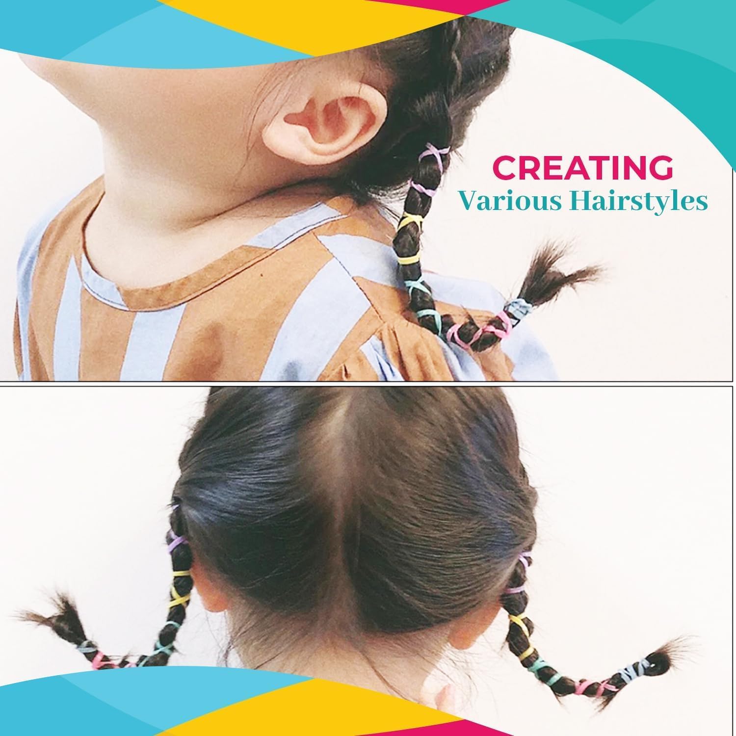 Set of 7AGAT elastic hair bands and ponytail holders for women and kids, showing colorful rubber hair ties in a variety of sizes.