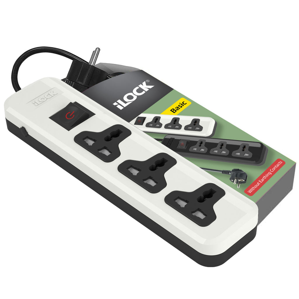 7AGAT iLOCK Basic power strip with 3 universal outlets, 2-meter cable, white color, no grounding, 2860W capacity.