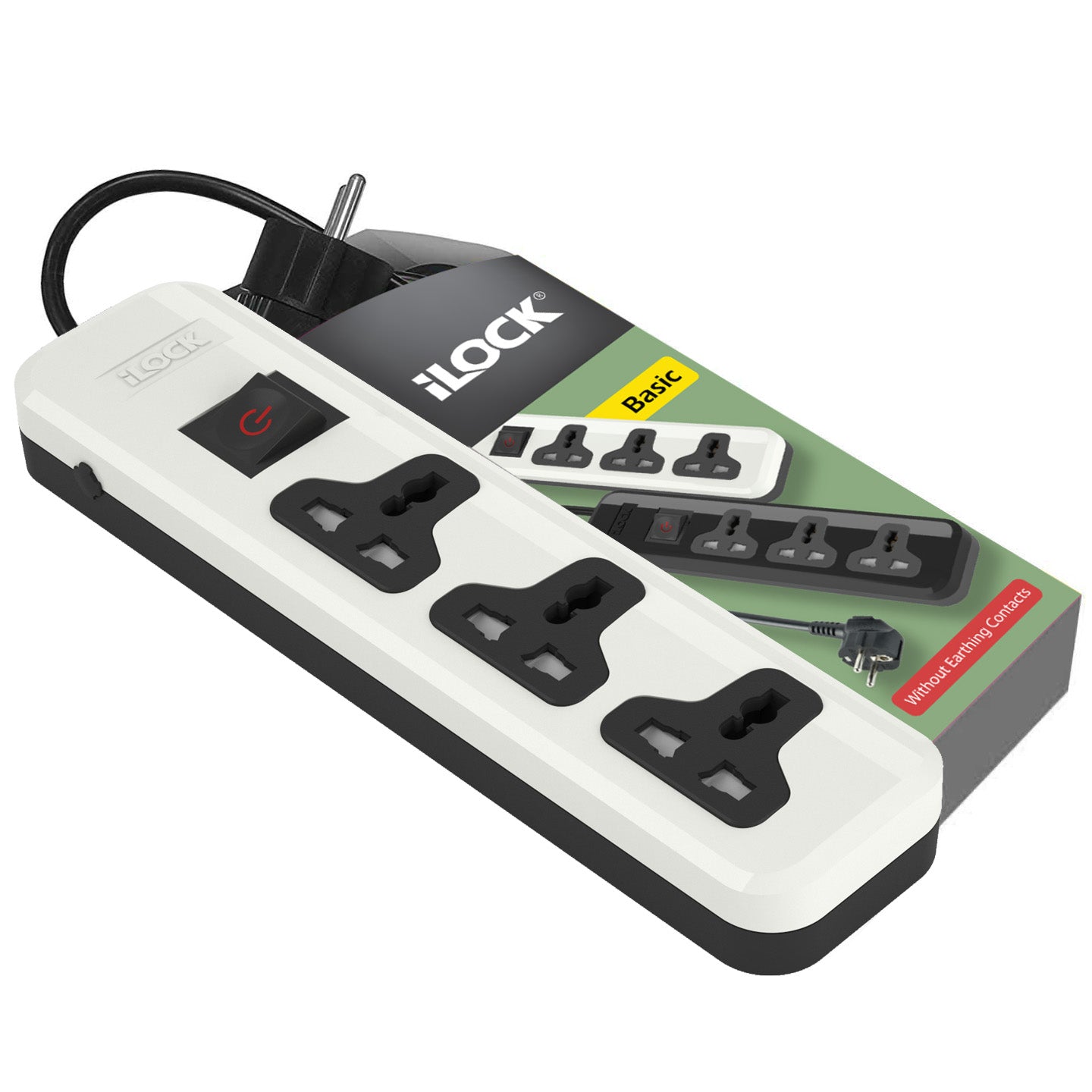 7AGAT iLOCK Basic power strip with 3 universal outlets, 2-meter cable, white color, no grounding, 2860W capacity.