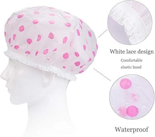 Two waterproof 7AGAT hair bonnets with colorful patterns, reusable shower caps for hair protection during showers and treatments.