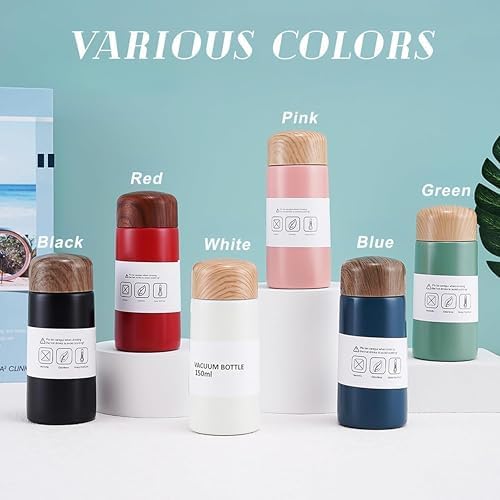 Stainless steel 150ml vacuum flask with navy blue finish, wood-grain lid, leak-proof thermos for hot and cold drinks, portable travel mug.