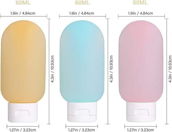 Set of three 60ml refillable travel bottles by 7AGAT for toiletries, squeeze containers ideal for skin care and travel essentials.