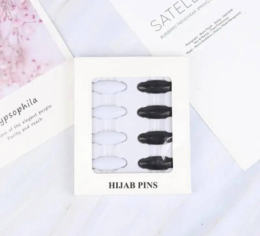 Set of 8 decorative hijab pins by 7AGAT with safety brooch clips for securing scarves and shawls.