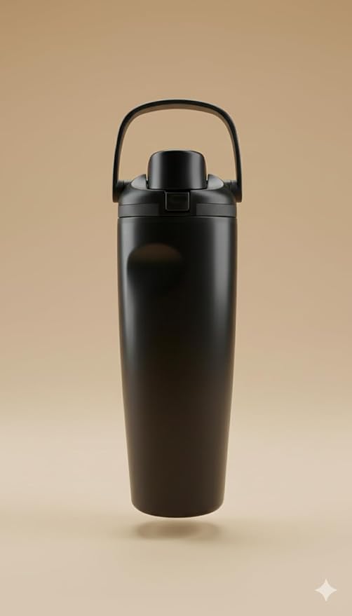 Stainless steel 900ml water bottle with carry loop, leak-proof design, reusable for sports, travel, and daily hydration.