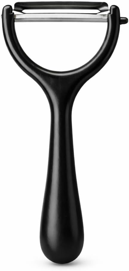 Black Y-shaped vegetable peeler with stainless steel blade and ergonomic plastic handle, ideal for peeling potatoes, carrots, and fruits.