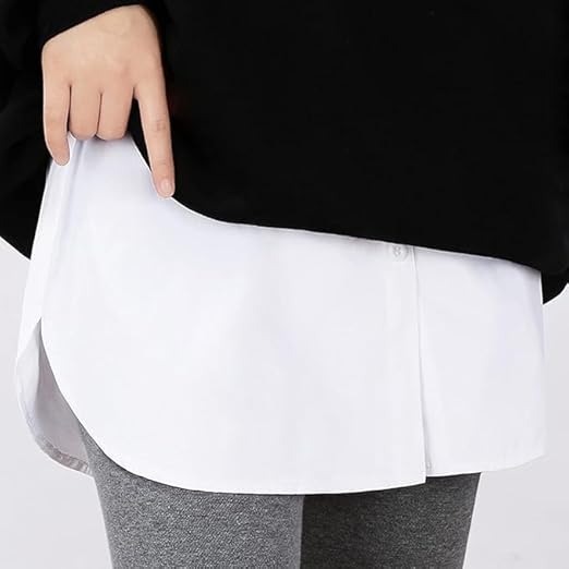 Adjustable women's shirt extender layered fake top with elastic waistband, polyester cotton blend, paired with a half-length skirt.
