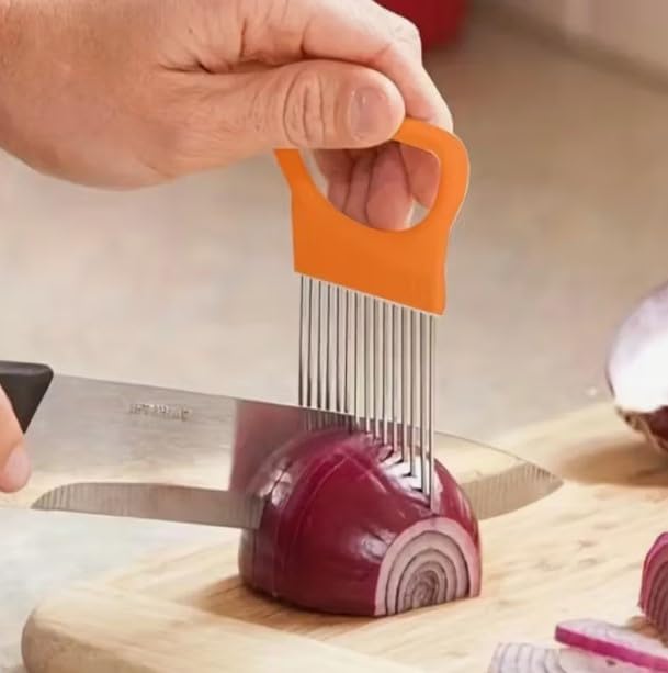 Multicolor vegetable holder slicer with stainless steel prongs, kitchen cutting guide tool for peeling, grating, and slicing tasks.
