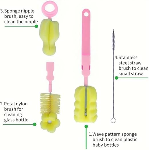 7AGAT 6-piece baby bottle cleaning brush set with pink and yellow sponge and bristle brushes for thorough cleaning of bottles and straws