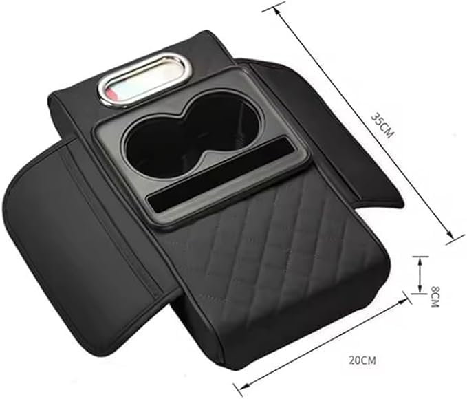 Grey leather car armrest cover organiser with rhombus padding, 2 cup holders and tissue opening, measuring 35x20x8 cm.