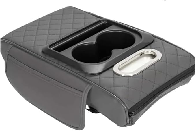 Grey leather car armrest cover organizer with padded rhombus design, 2 cup holders, tissue opening, fits 35x20x8 cm vehicles.