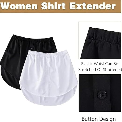 7AGAT adjustable women’s shirt extender layered fake top with elastic waistband, polyester cotton blend, shown with half-length skirt.